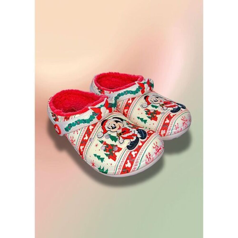 Disney Mickey Mouse Christmas Fleece Lined Crocs Kids J1 Holiday Clogs Red White